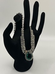 Vintage Emerald Green Glass & Clear Rhinestone Statement Necklace Silver Tone