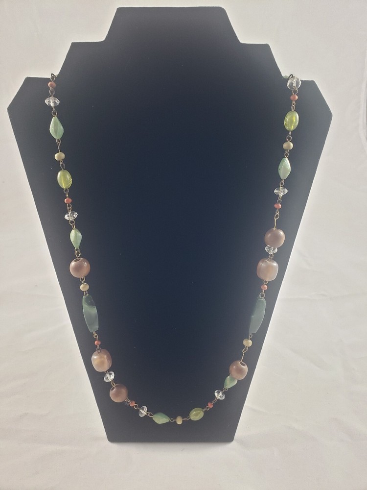 Necklace Vintage Acrylic Faux Stone Multicolor Wood Earth Tone Beads 28 inch