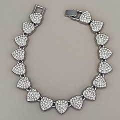 Vintage Heart Bracelet Pave Clear Rhinestones Silver Tone Linked 7.25″