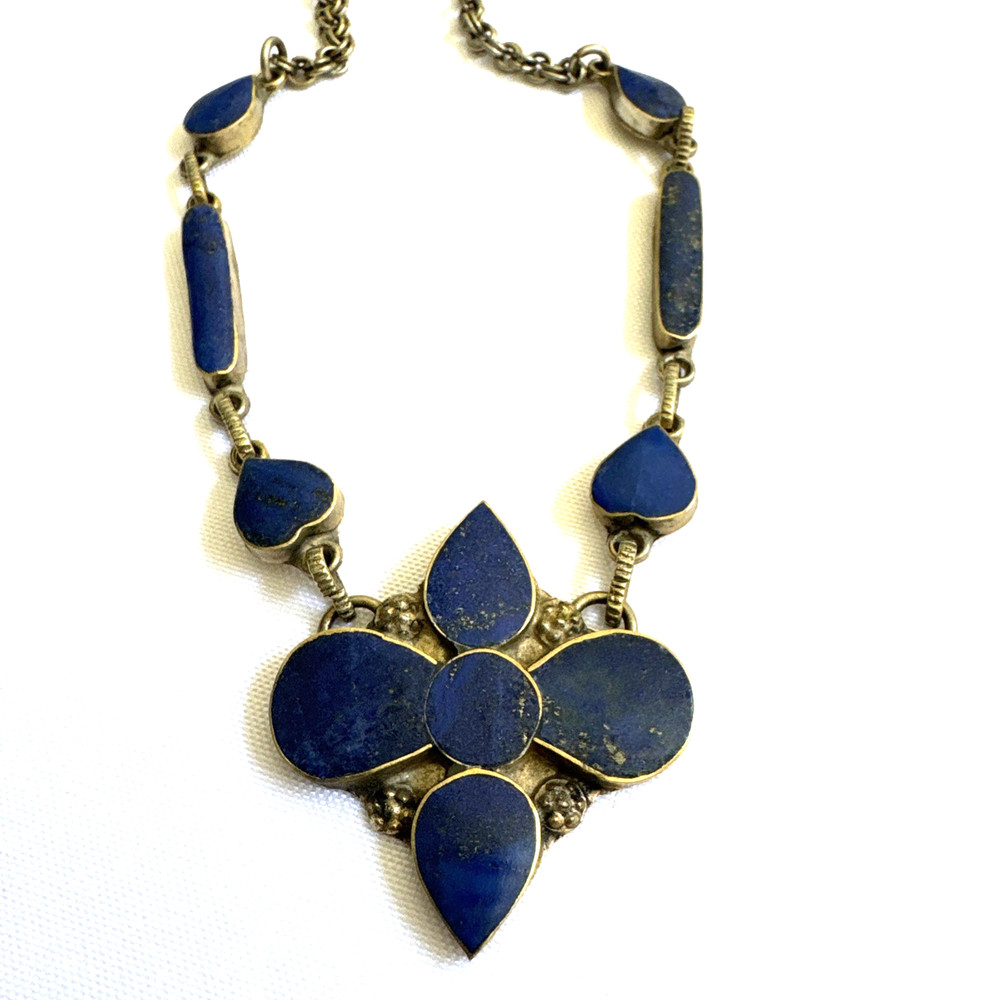 Vintage Pakistan Lapis Lazuli Flower Necklace, Boho Ethnic Inlay, Blue Stone