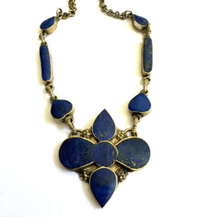Vintage Pakistan Lapis Lazuli Flower Necklace, Boho Ethnic Inlay, Blue Stone