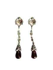 VINTAGE GARNET & MARCASITE STERLING SILVER LONG DROP EARRINGS