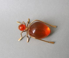 Vintage Natural Baltic Amber Beetle Brooch USSR Gold-Plated Pin 1965s