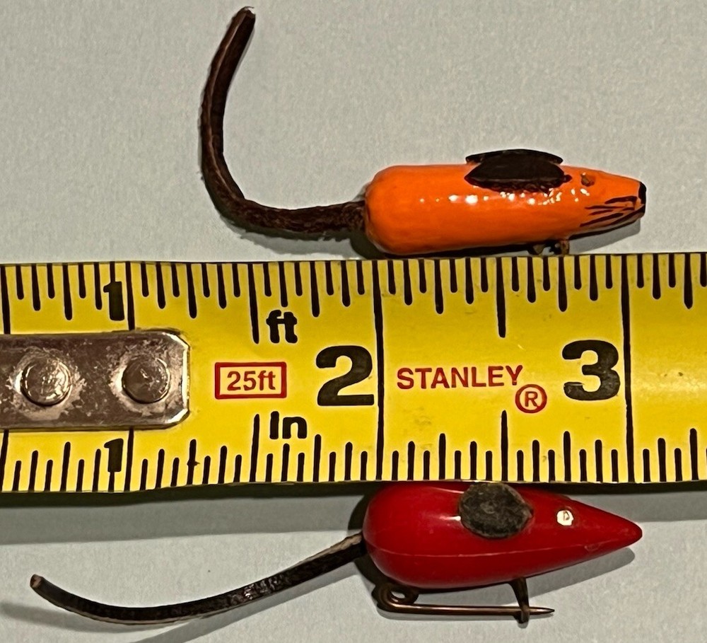 Lot of 2 Vtg Small Wood Mouse Mice Pins Brooches Leather Ears Tail Red & Orange