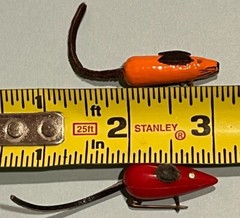 Lot of 2 Vtg Small Wood Mouse Mice Pins Brooches Leather Ears Tail Red & Orange