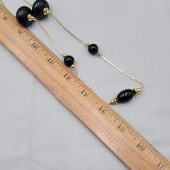 Vintage Station Black Bead Necklace Gold tone Chain Long 30″