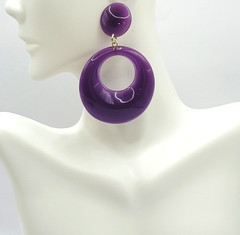 Purple Curvy Hoop w Button Stud Retro Style Vtg 1980s Costume Pierced Earrings
