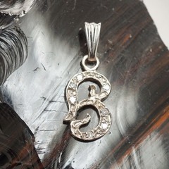 14K Solid White Gold Letter B Initial Diamond Pendant Necklace, Seven Diamonds