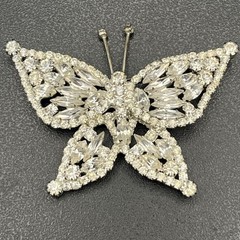 Mid Century Rhinestone Butterfly Brooch Silver Tone Navette Wings