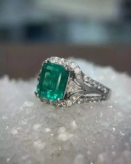 Art Deco Style Lab Created Emerald & Diamond Engagement 14K White Gold FN Ring