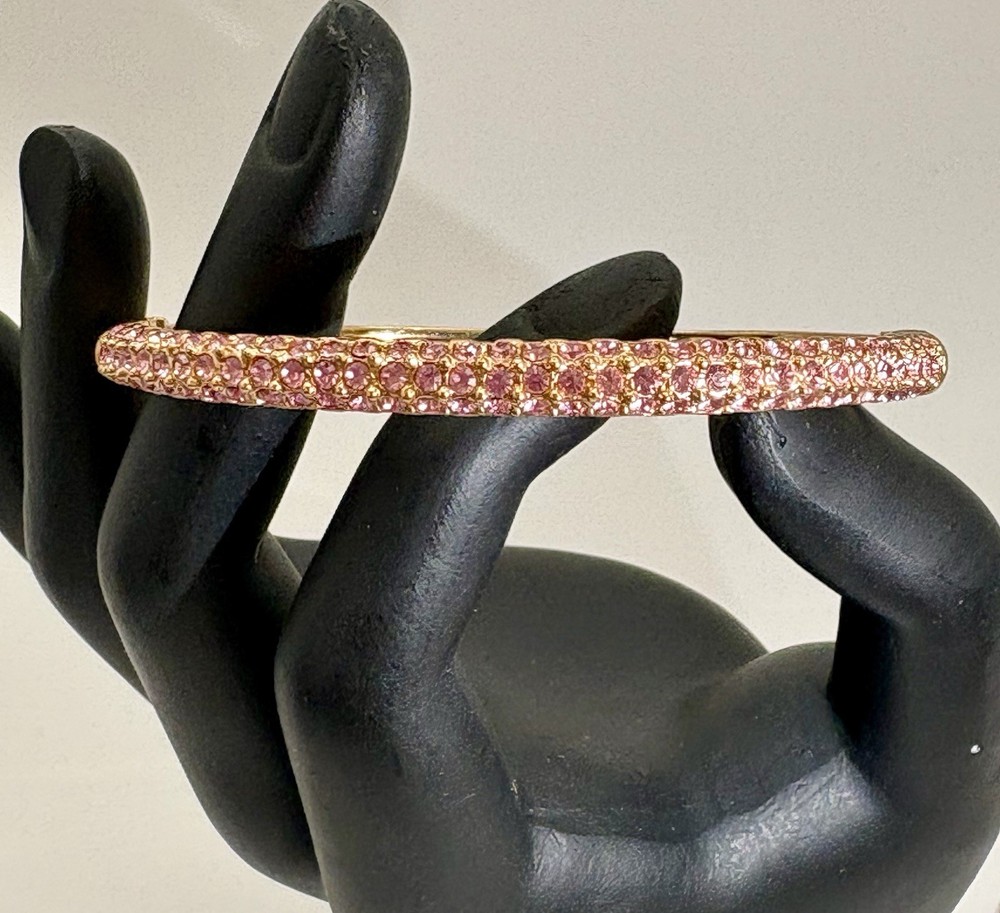 Vintage Nolan Miller Pink Rhinestone Gold Tone Hinged Bangle Bracelet