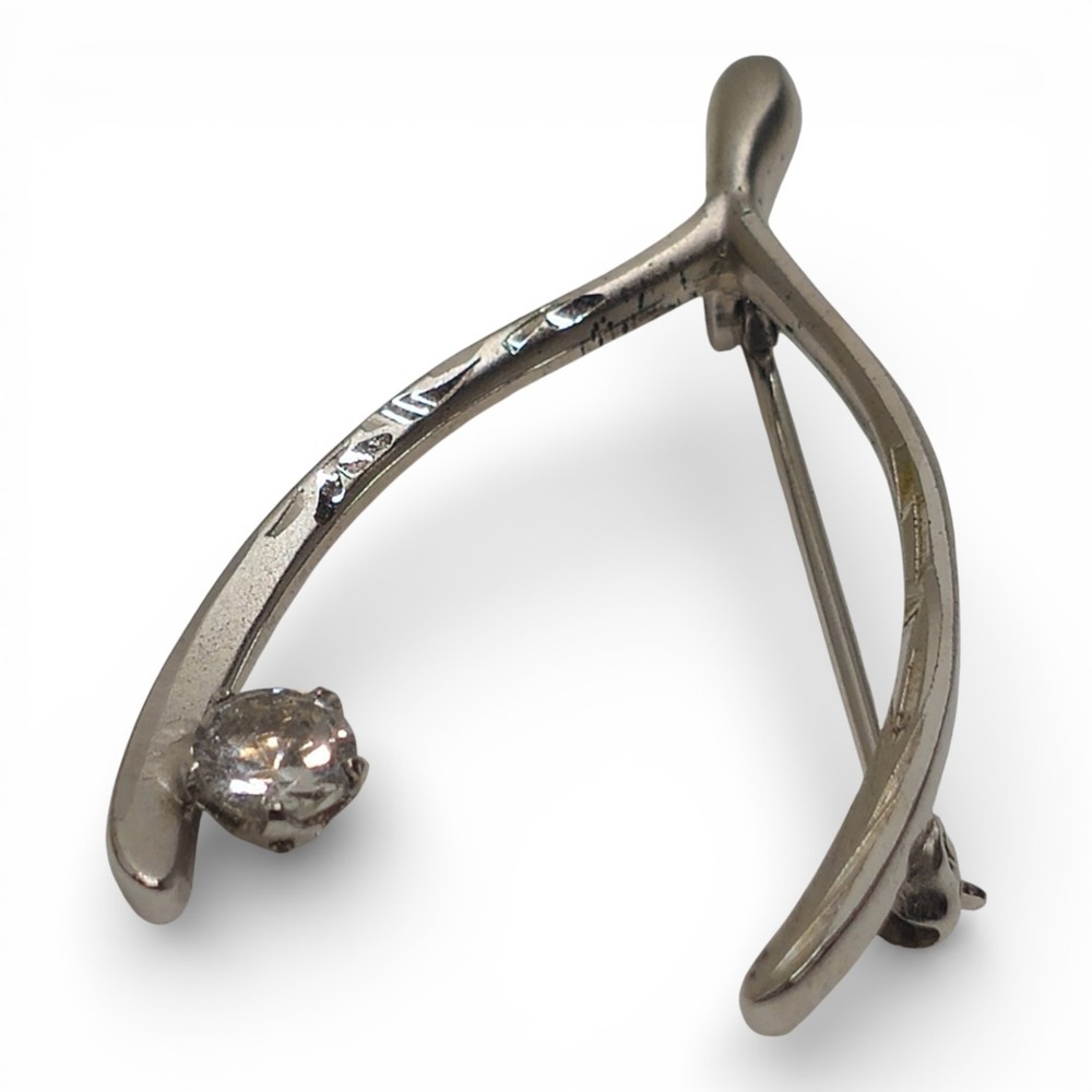 Sterling 925 Wishbone Brooch 1.25in Clear Stone Accent 2.41g Vintage
