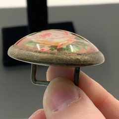 Antique Victorian Rose Glass Cabochon Scarf Slide Sash Pin Pink Floral Brass Ton