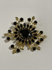 Vintage Gold Tone Jet Black Navette Rhinestone Starburst Pin Brooch