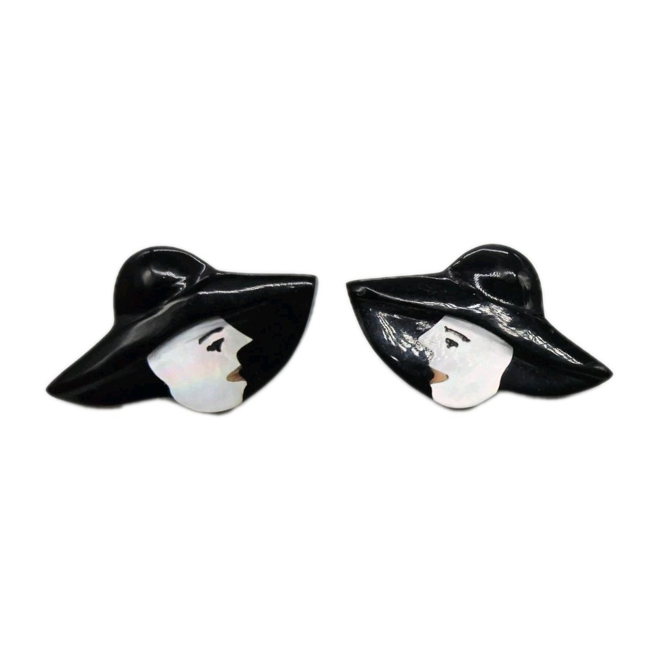 Lady in Hat Acrylic Pierced Earrings Art Deco Black and White Vintage 1 in