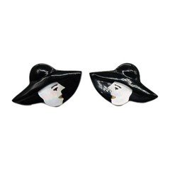 Lady in Hat Acrylic Pierced Earrings Art Deco Black and White Vintage 1 in