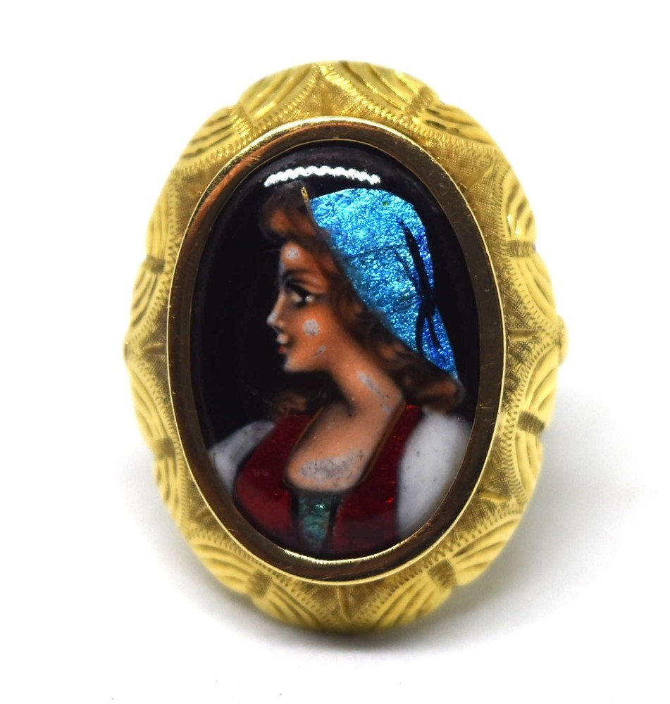 Antique Victorian 14K Yellow Gold and Hand Painted Plaque Ring Size 5