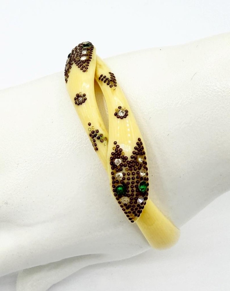 Antique Art Deco Ivory Celluloid Paste Green-Eyed Snake ARM Band Bangle Bracelet