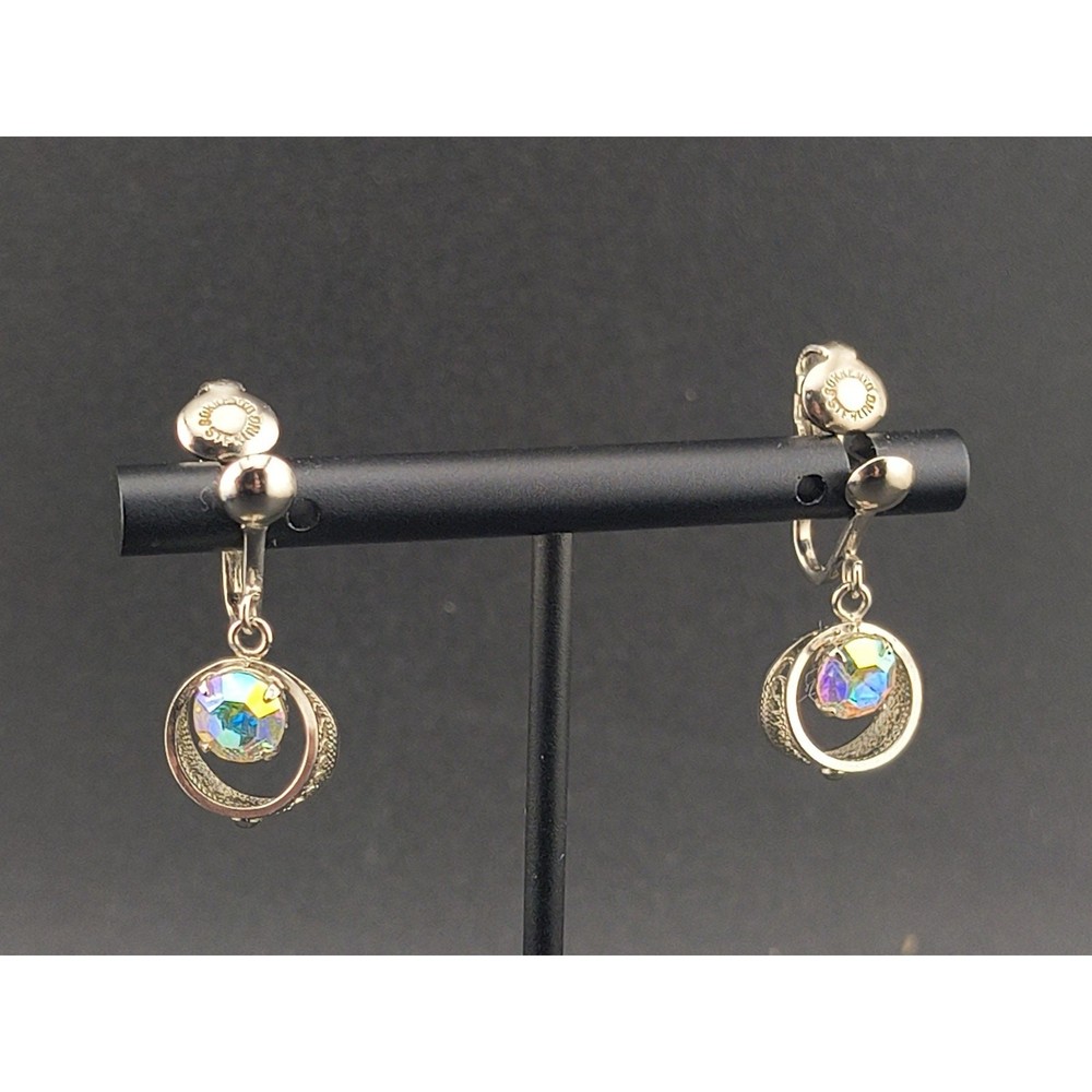 Vintage 50’s Sorrento Sterling Silver & AB Crystal Filigree Screwback Earrings