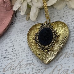 Gold Heart Locket GothIc Anniversary Wedding Witch Black Rose Cameo Necklace