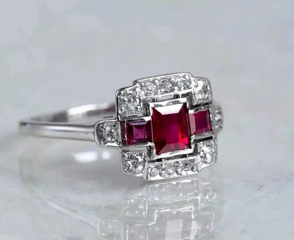 2Ct Art Deco Style Lab Created Ruby & Diamond Wedding 14K White Gold Finish Ring