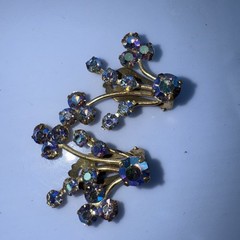 Vintage Earrings Aurora Borealis Rhinestone & Gold-Tone Clip-On, Made In Austria