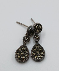 VTG 925 MC Teardrop Marcasite Earrings 1in Drop Sterling Silver 3gtw New Backs
