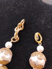 Vtg Big Faux Filigree Pearl Necklace Signed CRAFT Rose Gold Tone Rhinestone Bow
