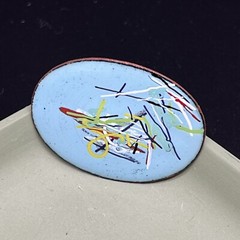 Vintage Enamel On Copper Blue Yellow Green Black White 2” Pin Brooch 3682