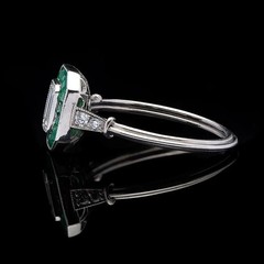 Lab Created Emerald Cut Diamond and Emerald Art Deco Style 925 Silver Gift Ring