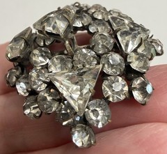 Antique Art Deco Cluster Brooch with Prong Set Round & Trillion Cut Glass Stones