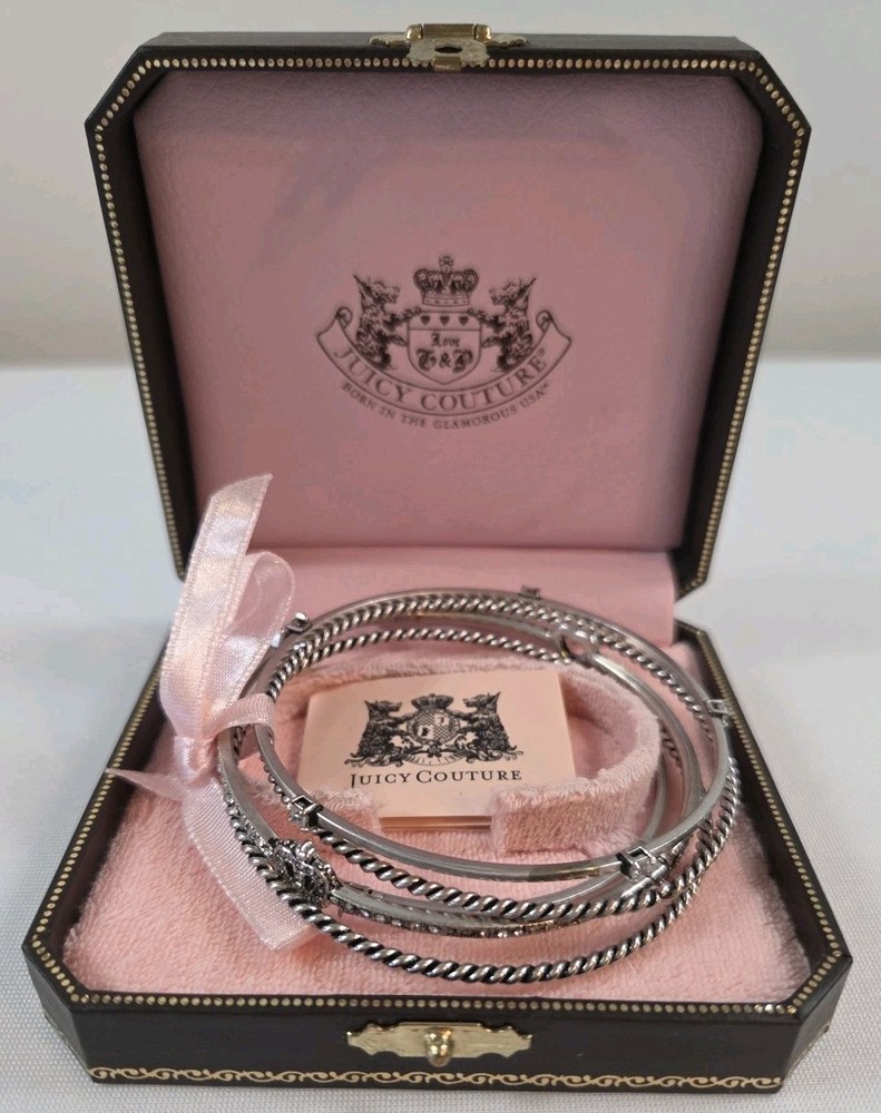 Juicy Couture PAVE ICON Bangle Bracelets Rhinestones Silver Tone Heart Crown