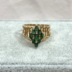 14K Natural Emerald Ring, Yellow Gold, 1 TCW Marquise Cut F2, Vintage Artisan