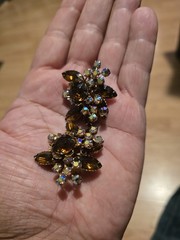 Vintage earrings. Aurora Borealis/ Amber rhinestone. Clip. Antique collectible