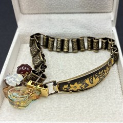 Vintage Damascene, Faux Opal Charms & Book Chain Links Bracelet Integrated w New