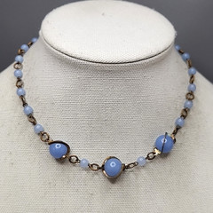 Vintage Glass Beaded Necklace Blue Gold Tone Choker 16″