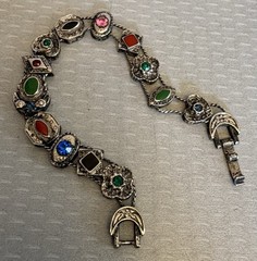50s Vintage Victorian Revival Jeweled Slide Charm Bracelet Silvertone Enamel 7”
