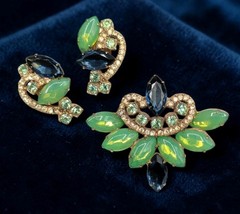 Verified Juliana Green Opal Blue Rhinestone Brooch Clip Earrings Set *Modified*