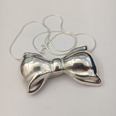 Vintage Sterling Silver Bow Necklace Brooch Puffy Tie Modernist 80s Israel Bold