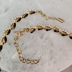 Vintage Swarovski Necklace Black Enamel Clear Crystals Gold Tone 17″