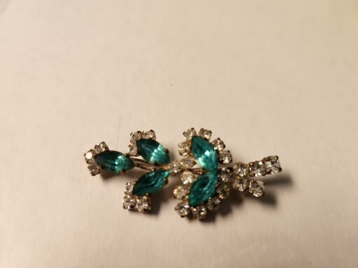 Teal/Clear Marquise Crystals Rhinestones Silver Vintage Brooch Pin 1 7/8” B6