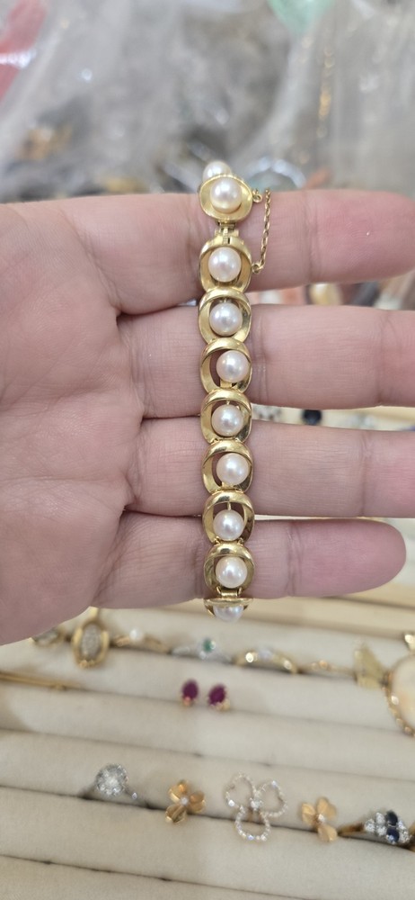 MIKIMOTO 14k Yellow Gold 5.7mm Cultured Pearl Link Ladies Bracelet 6.5″
