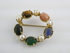 Vintage 1/20th 12k Gold Fill Faux Pearl and Semi Precious Gem Scarabs Circle Pin