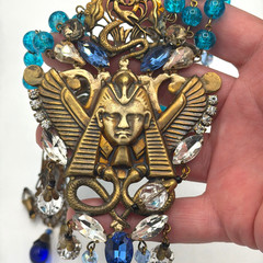 Czech Art Glass Necklace Gold Egyptian Motif Blue Drops Statement Jewelry