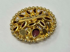 Vintage EDLEE Creations Goldtone Red Magenta Purple Rhinestone Oval 2.25″ Brooch
