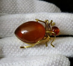 Vintage Natural Baltic Amber Beetle Brooch USSR Gold-Plated Pin 1962s