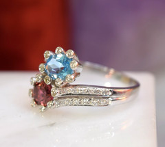 Estate 14K White Gold Toi et Moi Pink Tourmaline Blue Topaz Ladies Diamond Ring
