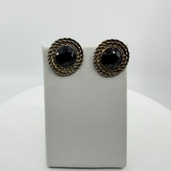 Black Faceted Cabochon Clip-On Earrings Silver Tone Rope Edge Gothic