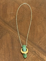 Vintage Crown Trifari Faux Jade Green Pendant Necklace Gold Tone Signed Nice!