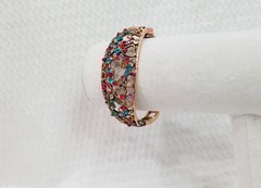 Vtg Multicolor Red Blue Pink Olive Crystal & Openwork Copper Clamper Bracelet